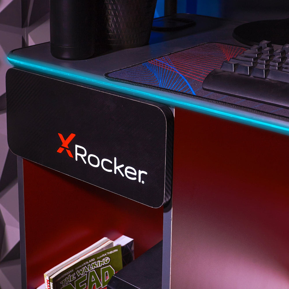 Carbon-Tek Gaming Desk with LED and Wireless Charging, Gray/Red - X Rocker