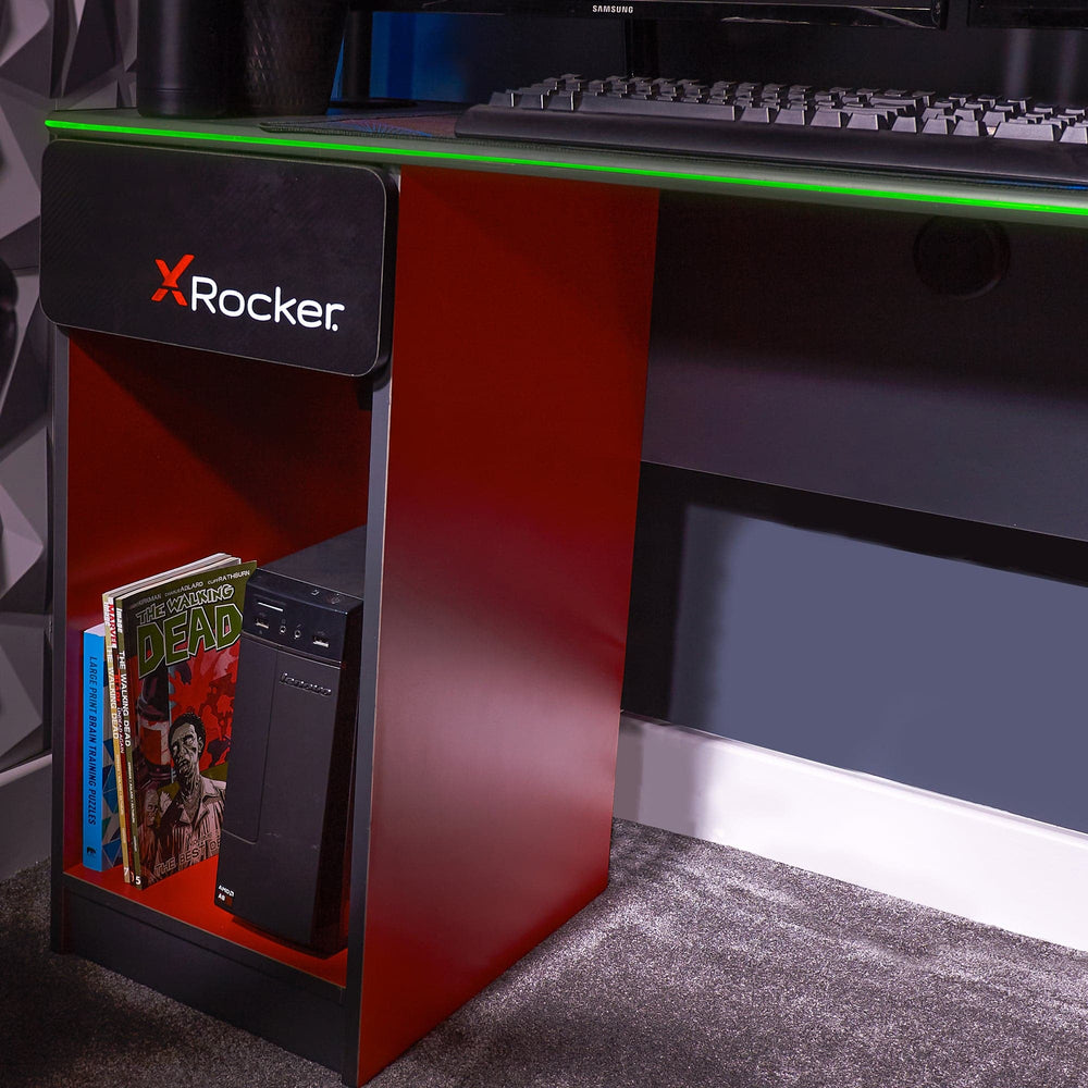 Carbon-Tek Gaming Desk with LED and Wireless Charging, Gray/Red - X Rocker