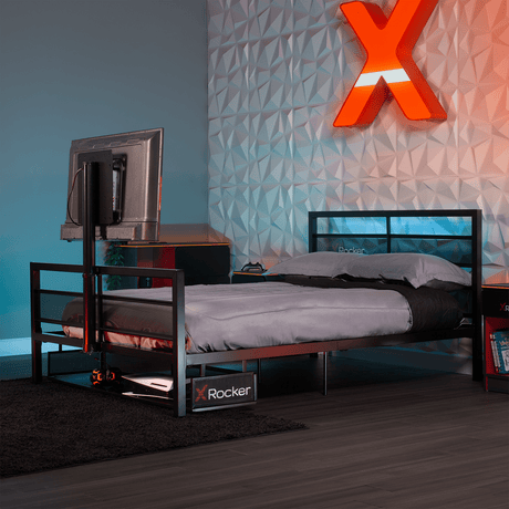Basecamp LED Gaming Bed with XL TV Mount, Black, Full - X Rocker